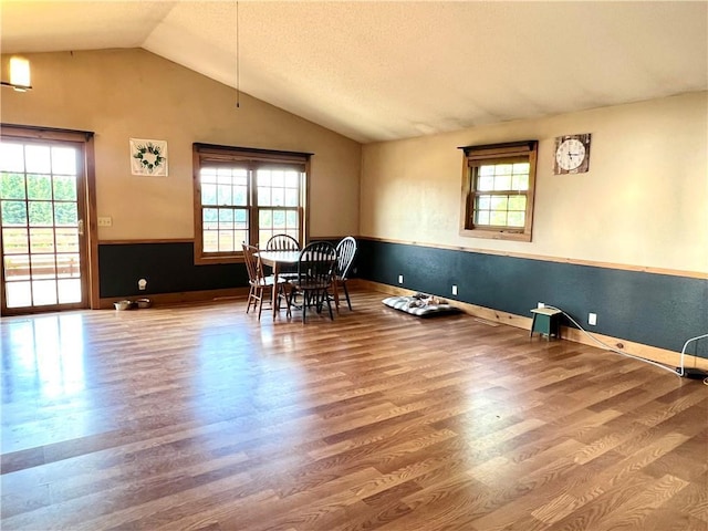 dining area with vaulted ceiling, a wealth of natural light, and hardwood / wood-style floors