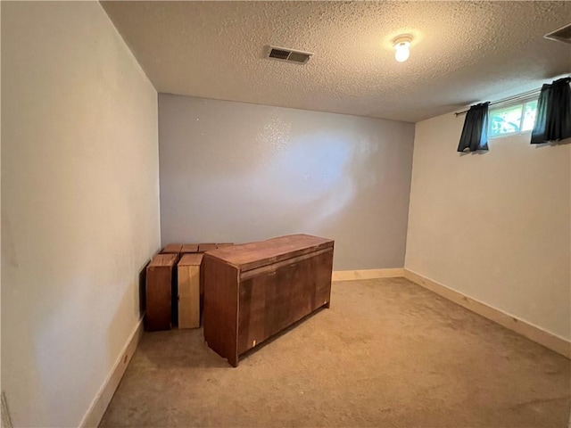 basement with carpet flooring and a textured ceiling