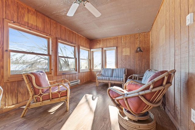 sunroom / solarium with wood ceiling and ceiling fan