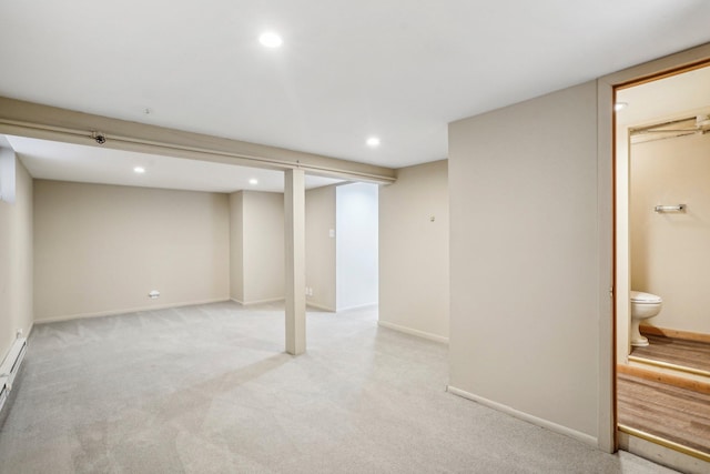 basement with light carpet