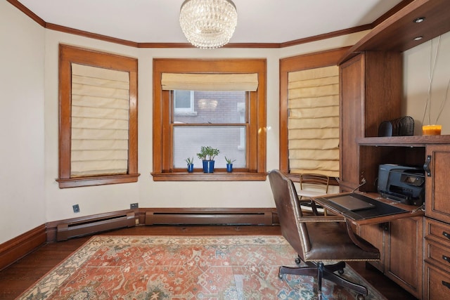 home office with crown molding, a chandelier, and hardwood / wood-style flooring