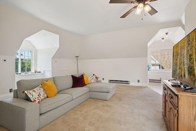 carpeted living room featuring ceiling fan, lofted ceiling, and a baseboard heating unit