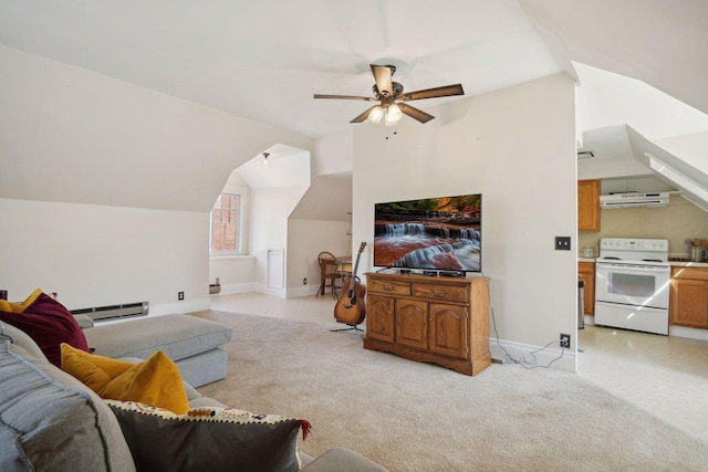 carpeted living room with ceiling fan, a baseboard radiator, and lofted ceiling