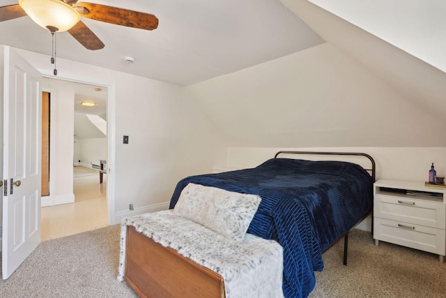 bedroom featuring lofted ceiling, light colored carpet, and ceiling fan