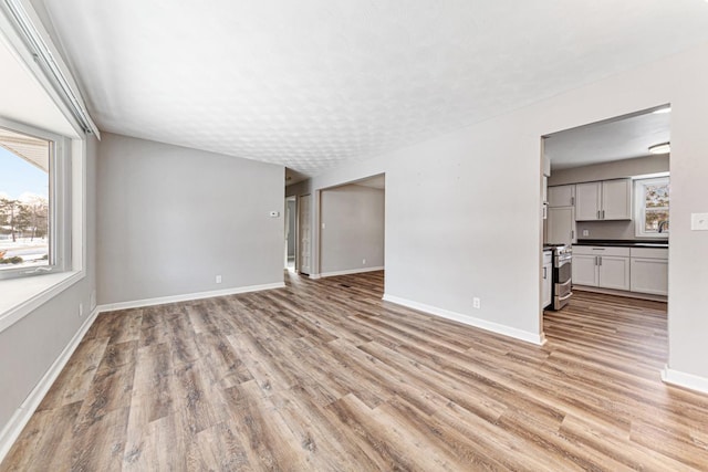 unfurnished living room with a healthy amount of sunlight and light wood-type flooring