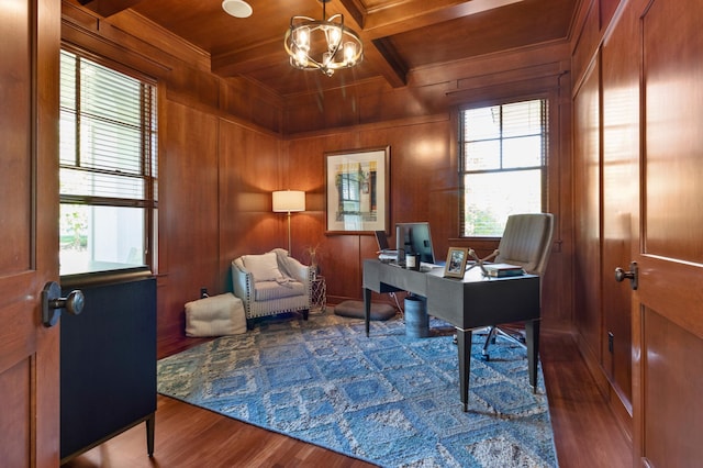 home office featuring wood walls, beamed ceiling, a chandelier, coffered ceiling, and wood ceiling