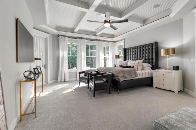 bedroom with beamed ceiling, coffered ceiling, ceiling fan, crown molding, and light carpet