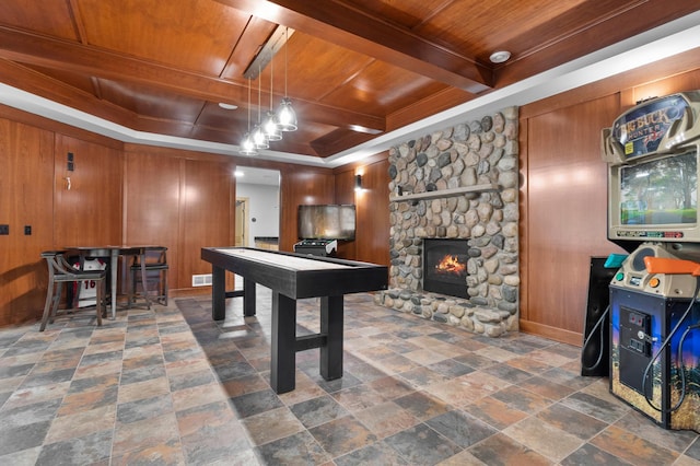 game room featuring coffered ceiling, wooden walls, and wooden ceiling