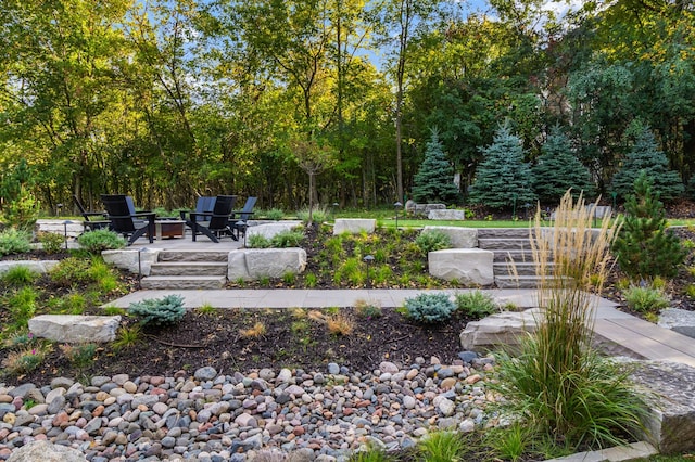 surrounding community featuring a patio area and a fire pit