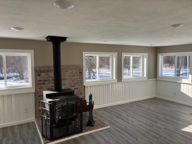 living room with a wood stove and dark hardwood / wood-style flooring