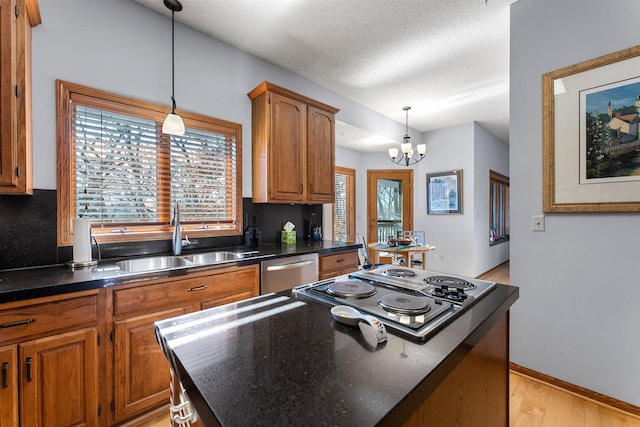 kitchen with a kitchen island, electric cooktop, tasteful backsplash, sink, and stainless steel dishwasher