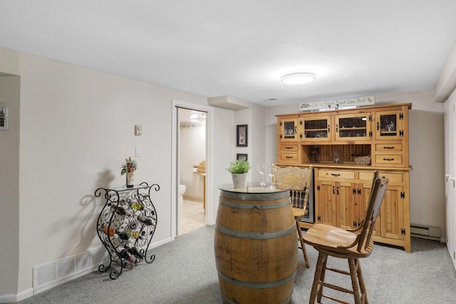 bar with light carpet, visible vents, and baseboards