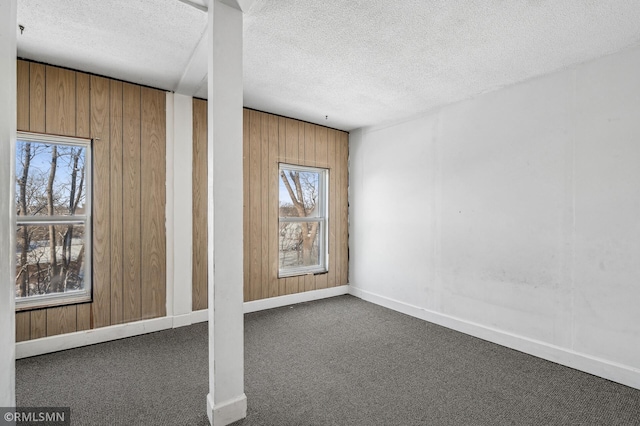 carpeted spare room with a textured ceiling and wooden walls