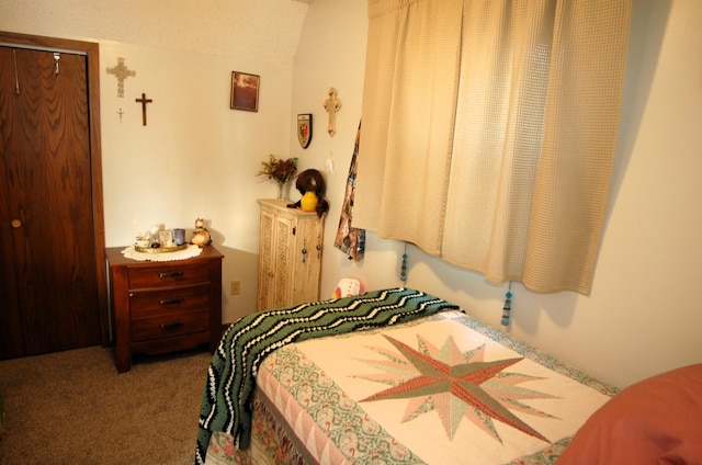 bedroom featuring lofted ceiling, a textured ceiling, and carpet