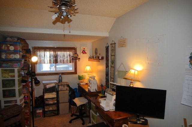 office featuring lofted ceiling, a textured ceiling, electric panel, and ceiling fan