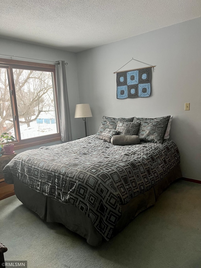 bedroom with carpet and a textured ceiling