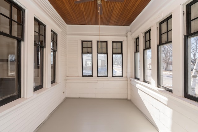 unfurnished sunroom with wood ceiling