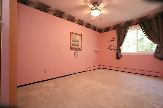 unfurnished room featuring ceiling fan, a baseboard radiator, and light colored carpet