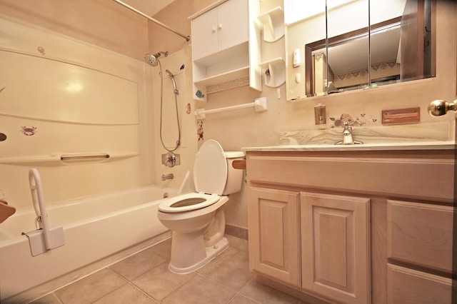 full bathroom with shower / bathtub combination, tile patterned floors, vanity, and toilet