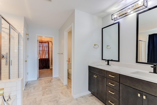 full bathroom with toilet, a shower stall, double vanity, and a sink