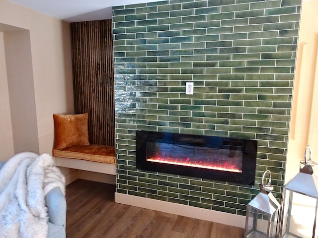 details with hardwood / wood-style flooring and a large fireplace