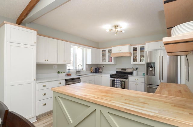 kitchen with a sink, wood counters, a textured ceiling, and appliances with stainless steel finishes