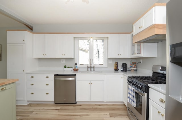 kitchen with appliances with stainless steel finishes, a sink, light countertops, light wood-style flooring, and custom exhaust hood