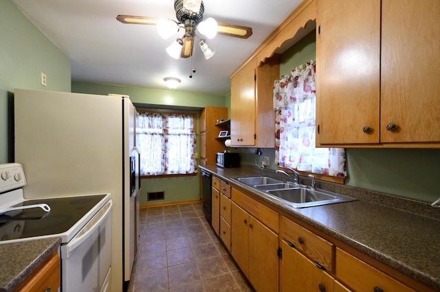 kitchen with black dishwasher, sink, a wealth of natural light, and white range with electric stovetop