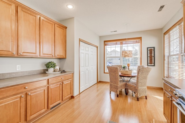 dining space featuring a textured ceiling and light wood-type flooring