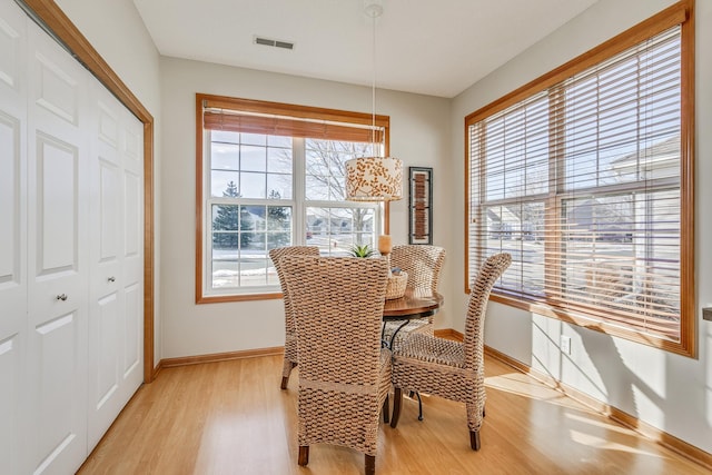 dining room featuring a healthy amount of sunlight and light hardwood / wood-style flooring