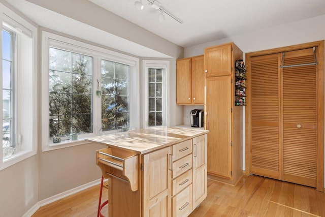 kitchen featuring light wood-type flooring, a healthy amount of sunlight, light brown cabinetry, and a kitchen breakfast bar