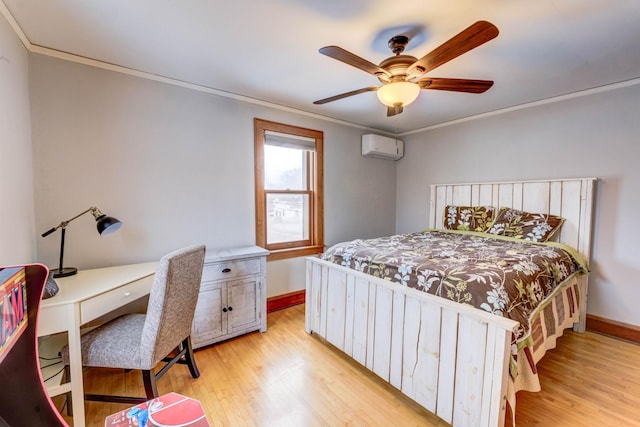 bedroom with a wall mounted air conditioner, light hardwood / wood-style floors, crown molding, and ceiling fan