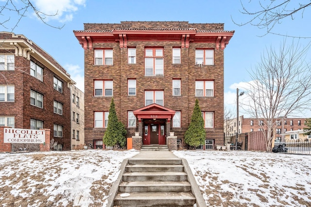 view of snow covered building