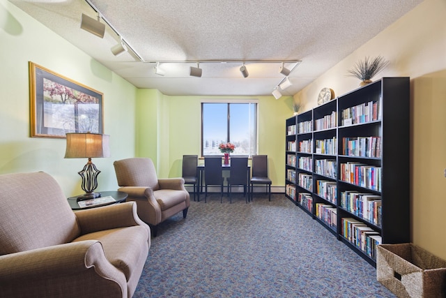 sitting room featuring carpet flooring, rail lighting, and a textured ceiling