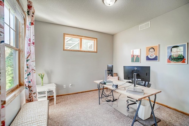 office area featuring carpet flooring and a textured ceiling