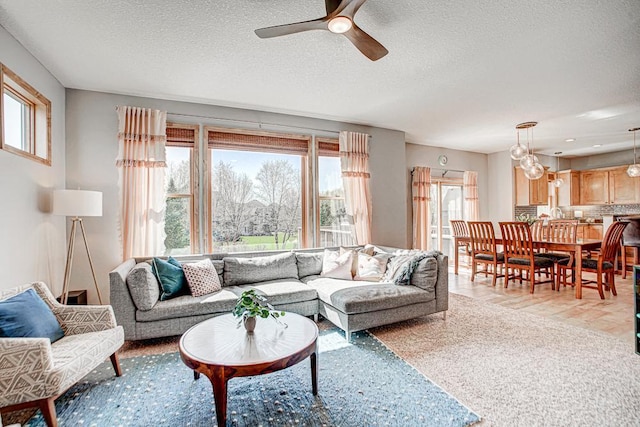 living room featuring ceiling fan, plenty of natural light, and a textured ceiling