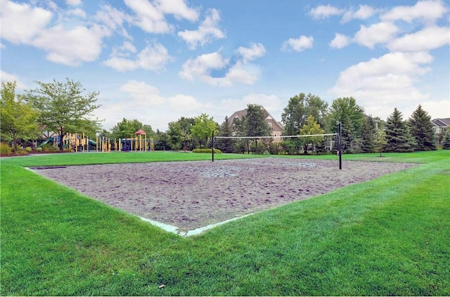 view of home's community with a yard, a playground, and volleyball court