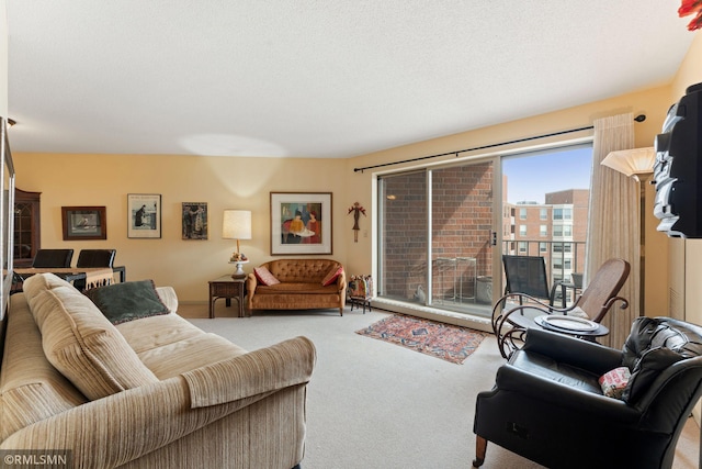 living room featuring carpet floors and a textured ceiling