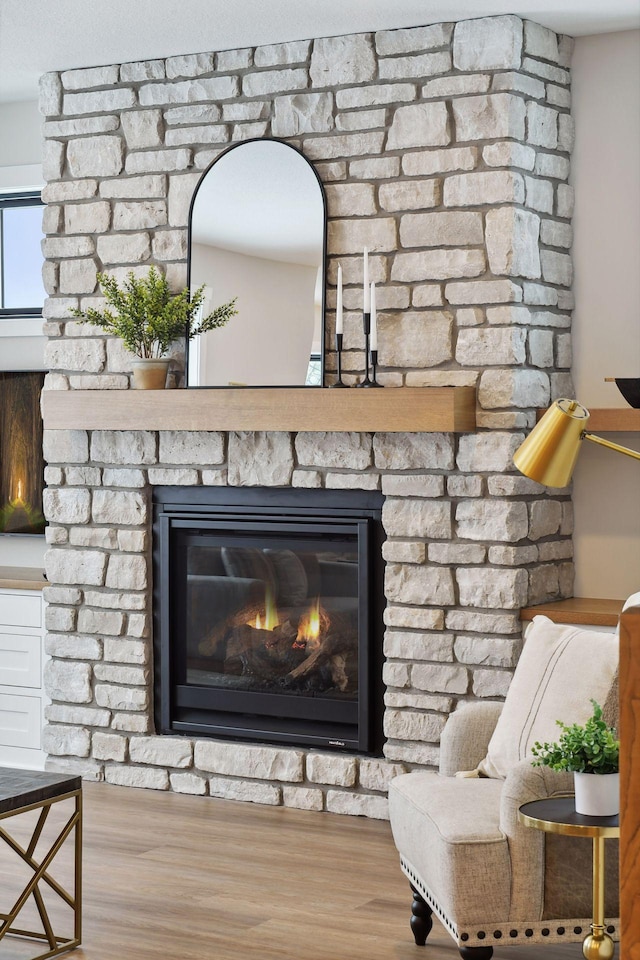 details featuring hardwood / wood-style flooring and a fireplace