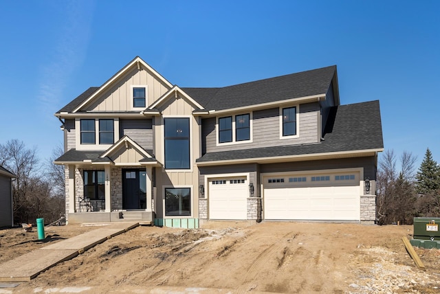 18436 56th Ct N, Plymouth, MN 55446 - craftsman inspired home featuring board and batten siding, an attached garage, stone siding, and dirt driveway