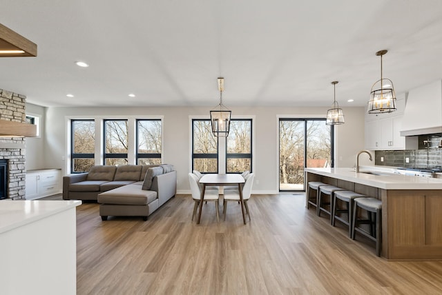 18436 56th Ct N, Plymouth, MN 55446 - living room featuring light wood-style flooring, healthy amount of natural light, recessed lighting, a stone fireplace, and baseboards