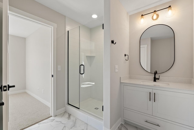 18436 56th Ct N, Plymouth, MN 55446 - full bathroom with baseboards, a shower stall, marble finish floors, vanity, and recessed lighting