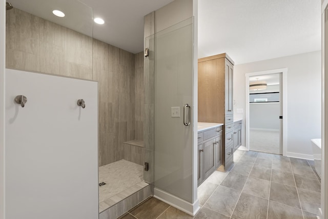 18436 56th Ct N, Plymouth, MN 55446 - bathroom featuring a walk in shower, vanity, baseboards, tile patterned flooring, and recessed lighting
