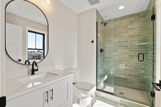 18436 56th Ct N, Plymouth, MN 55446 - bathroom with toilet, a shower stall, recessed lighting, and vanity