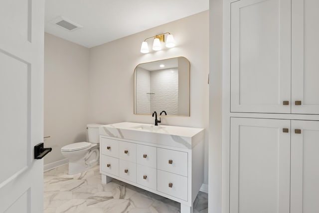 18436 56th Ct N, Plymouth, MN 55446 - bathroom featuring marble finish flooring, toilet, vanity, a shower, and baseboards