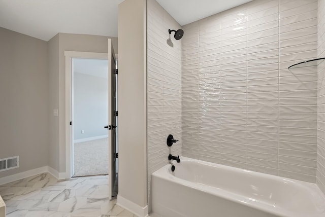 18436 56th Ct N, Plymouth, MN 55446 - full bathroom featuring baseboards, shower / bath combination, and marble look tile flooring