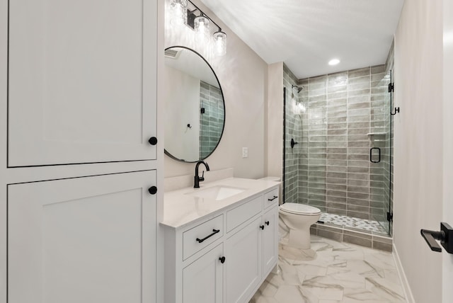 18436 56th Ct N, Plymouth, MN 55446 - full bathroom featuring marble look tiles, a shower stall, recessed lighting, vanity, and toilet