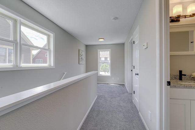 hall featuring sink and light carpet