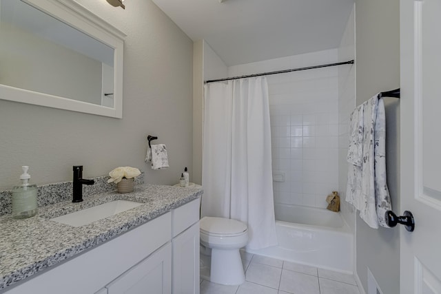 full bathroom featuring toilet, shower / bath combination with curtain, tile patterned floors, and vanity