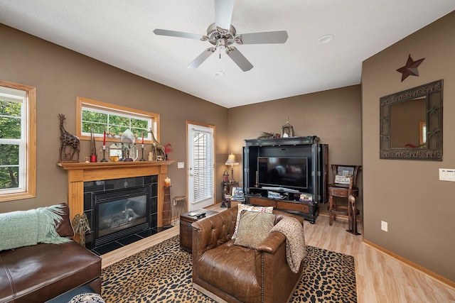 living area featuring a healthy amount of sunlight, a fireplace, baseboards, and wood finished floors